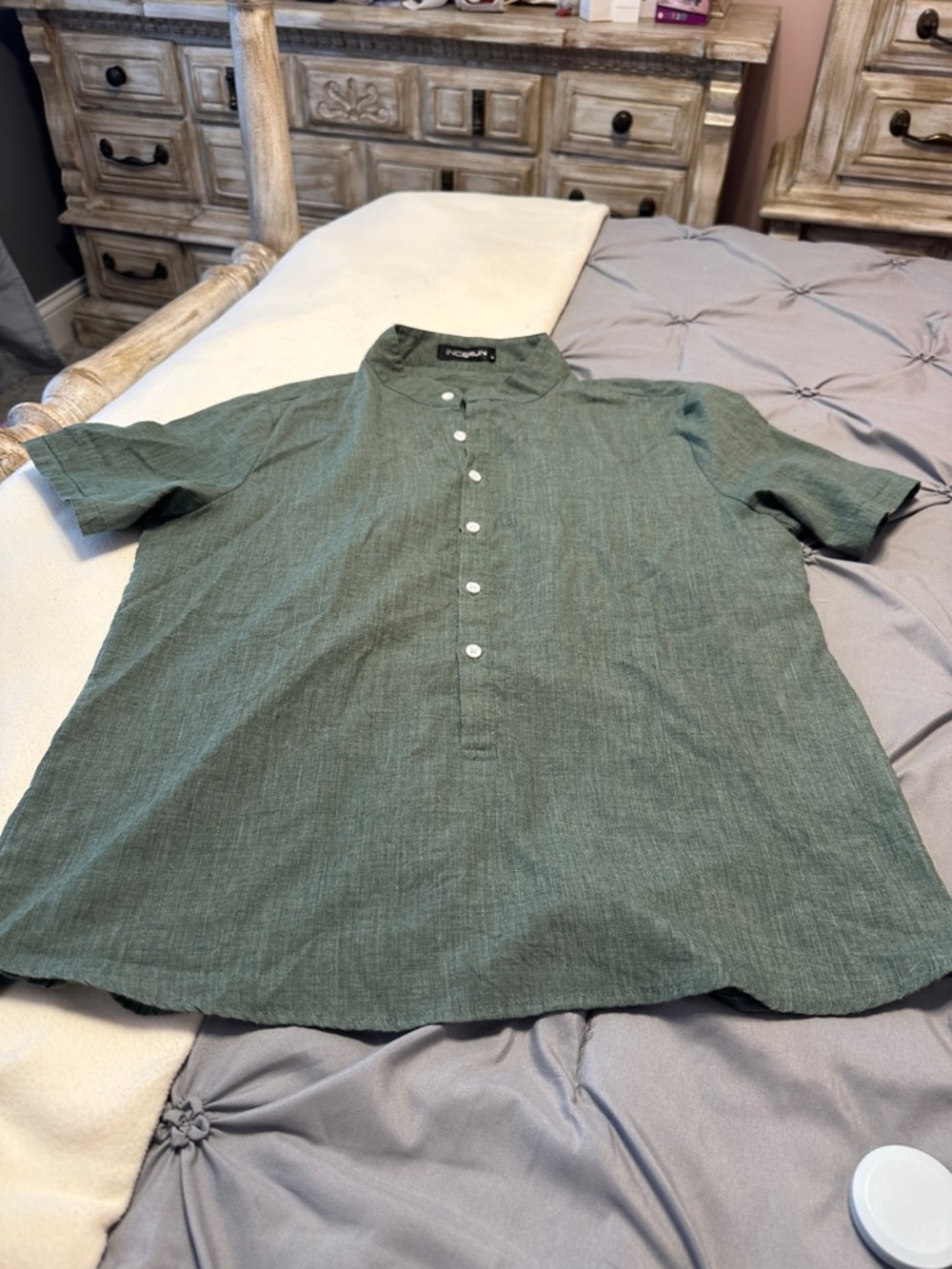 Casual Short-Sleeve Mandarin Collar Shirt - Green